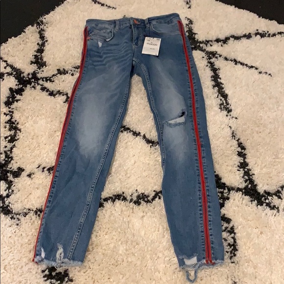 Zara Basic Denim Jeans w/ Red Side Stripes - Picture 2 of 3